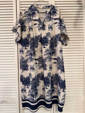 Elegant Blue & White Toile Midi Dress - Brand Unknown